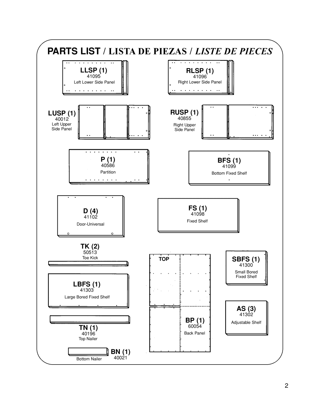 Closet Maid 12323 manual Parts List / Lista DE Piezas / Liste DE Pieces 