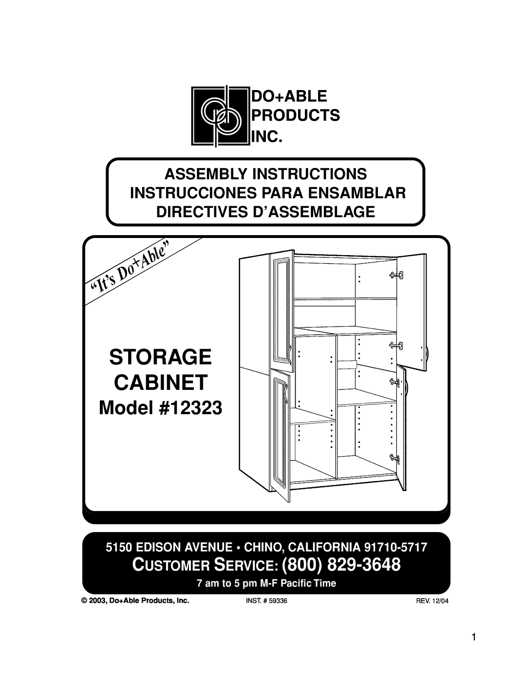 Closet Maid manual 2003, Do+Able Products, Inc, Storage Cabinet, Model #12323, Customer Service, Assembly Instructions 