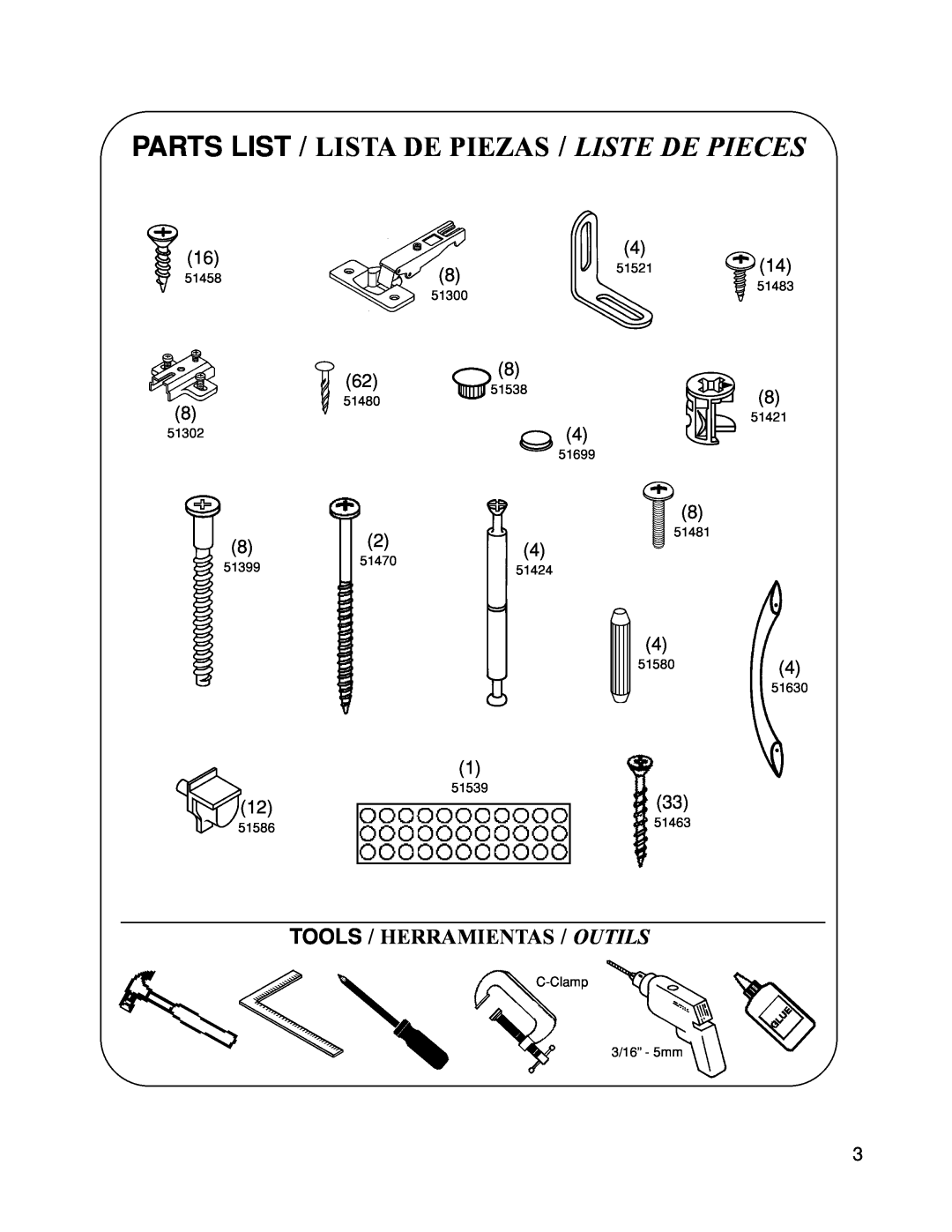 Closet Maid 12323 manual Tools / Herramientas / Outils, Parts List / Lista De Piezas / Liste De Pieces 