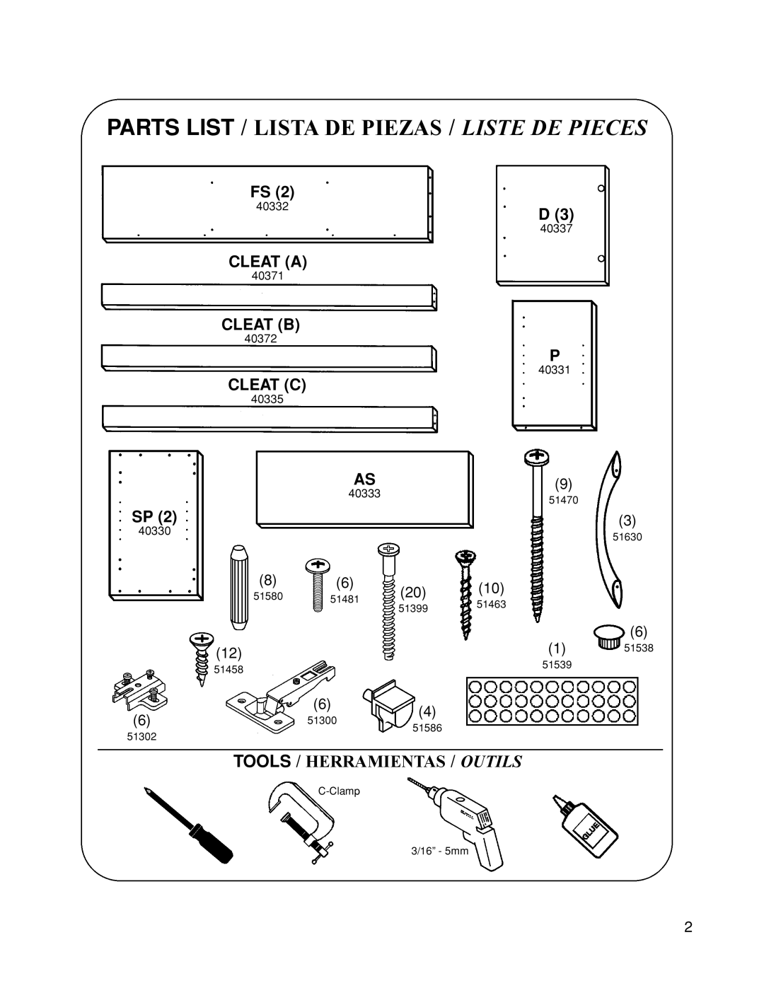 Closet Maid 12347 manual Parts List / Lista DE Piezas / Liste DE Pieces 