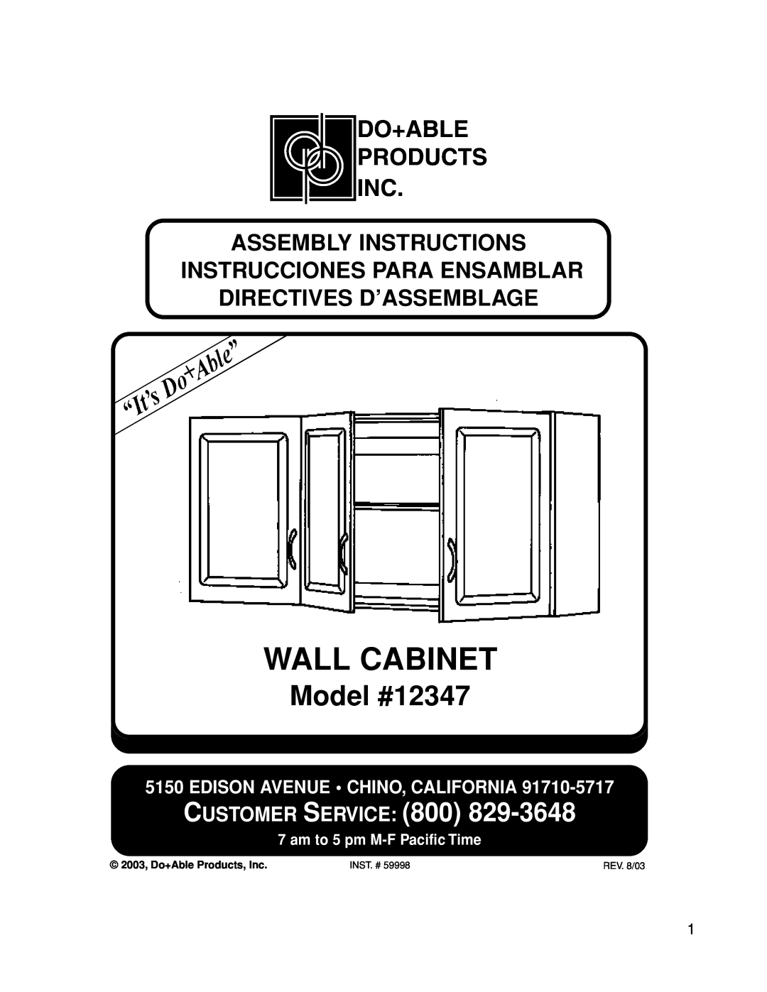 Closet Maid manual Wall Cabinet, Model #12347, Customer Service, Assembly Instructions, Edison Avenue Chino, California 