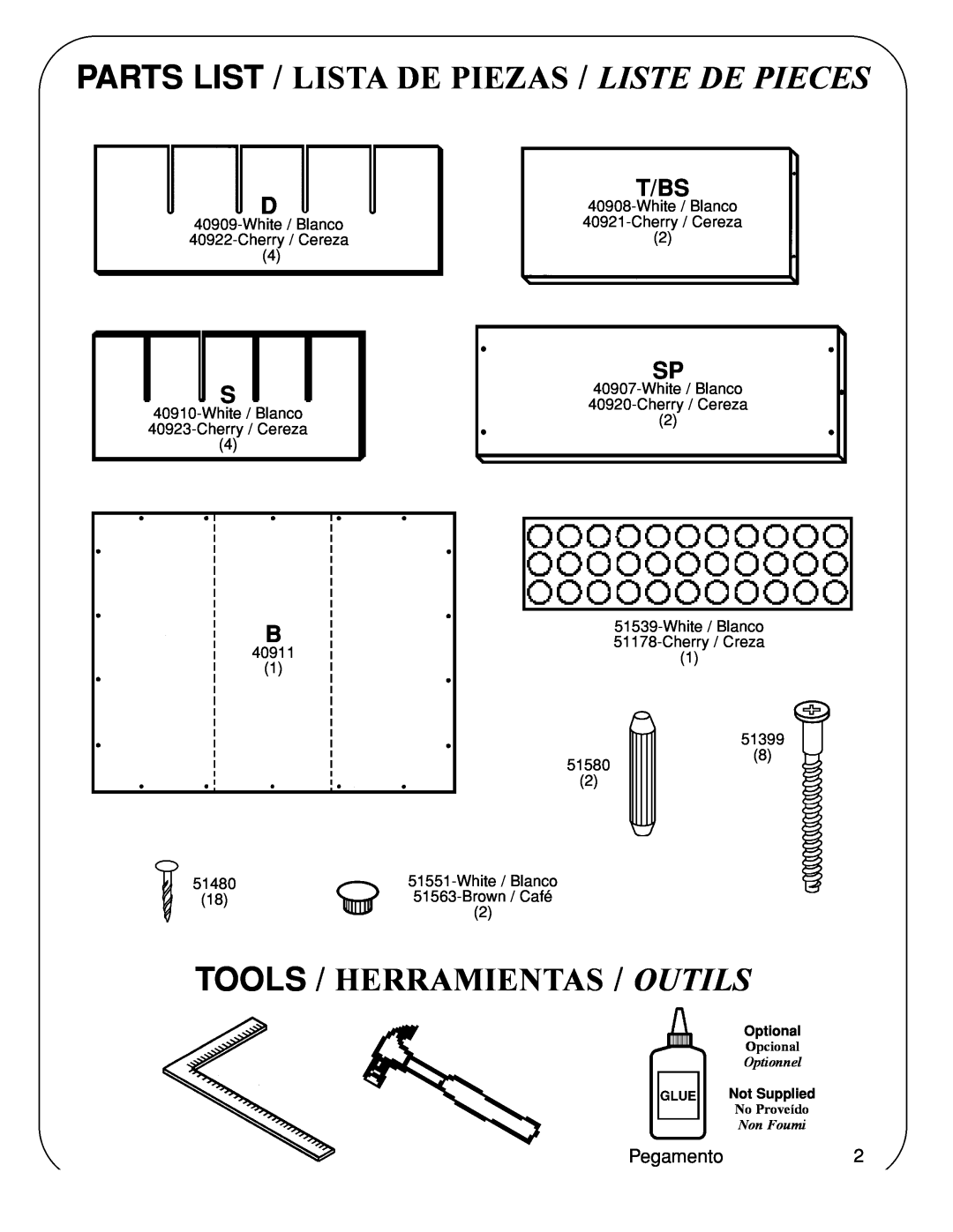 Closet Maid 12732, 12737 T/Bs, Pegamento2, Parts List / Lista De Piezas / Liste De Pieces, Tools / Herramientas / Outils 
