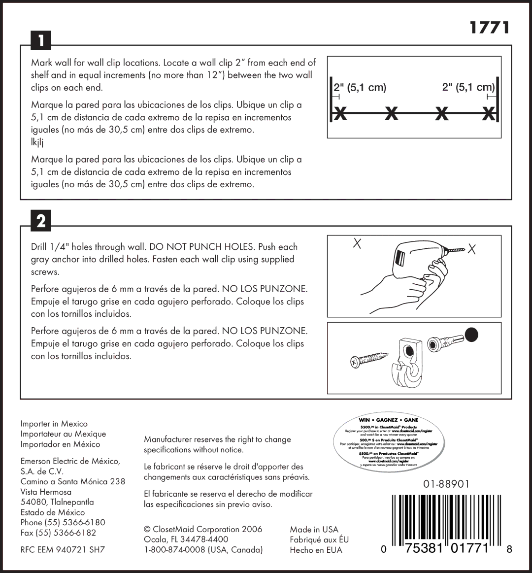 Closet Maid 1771 specifications Lkjlj, RFC EEM 940721 SH7 