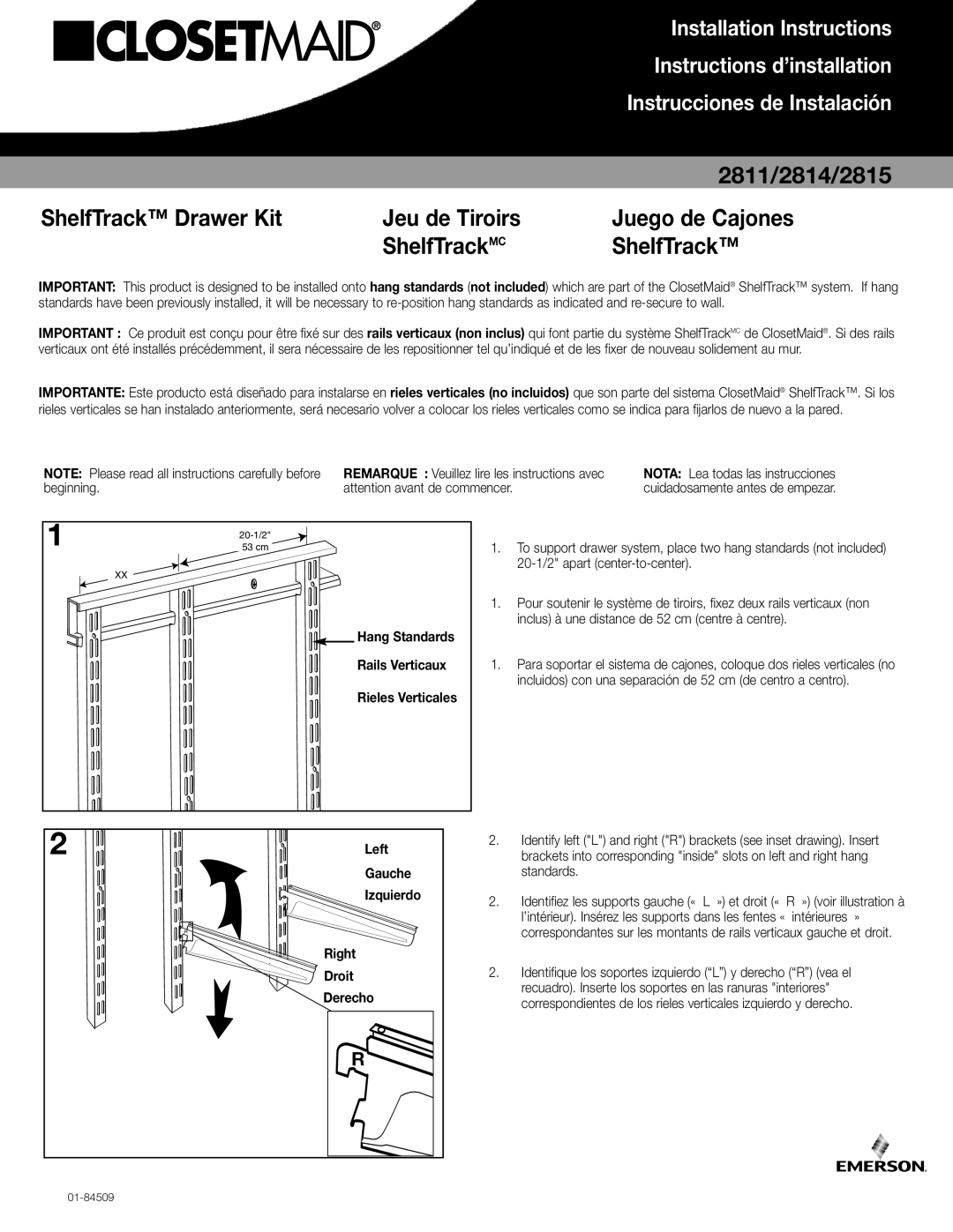 Closet Maid 2811 installation instructions Hang Standards Rails Verticaux Rieles Verticales, Left, Gauche, Right, Droit 