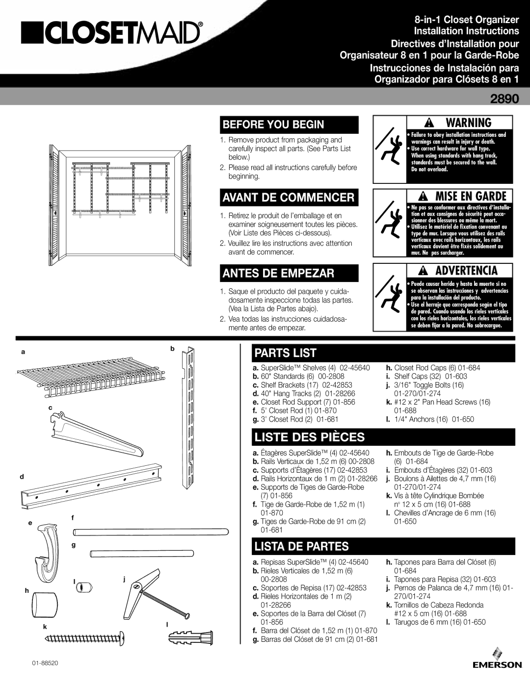 Closet Maid 2890 installation instructions Shelf Caps 32, Toggle Bolts, 01-270/01-274, Closet Rod Support 7, 01-688 