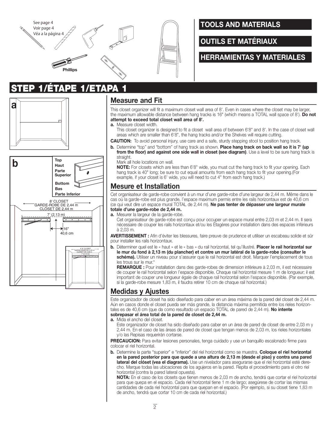 Closet Maid 2890 installation instructions Étape 1/ETAPA, Measure and Fit, Mesure et Installation, Medidas y Ajustes 