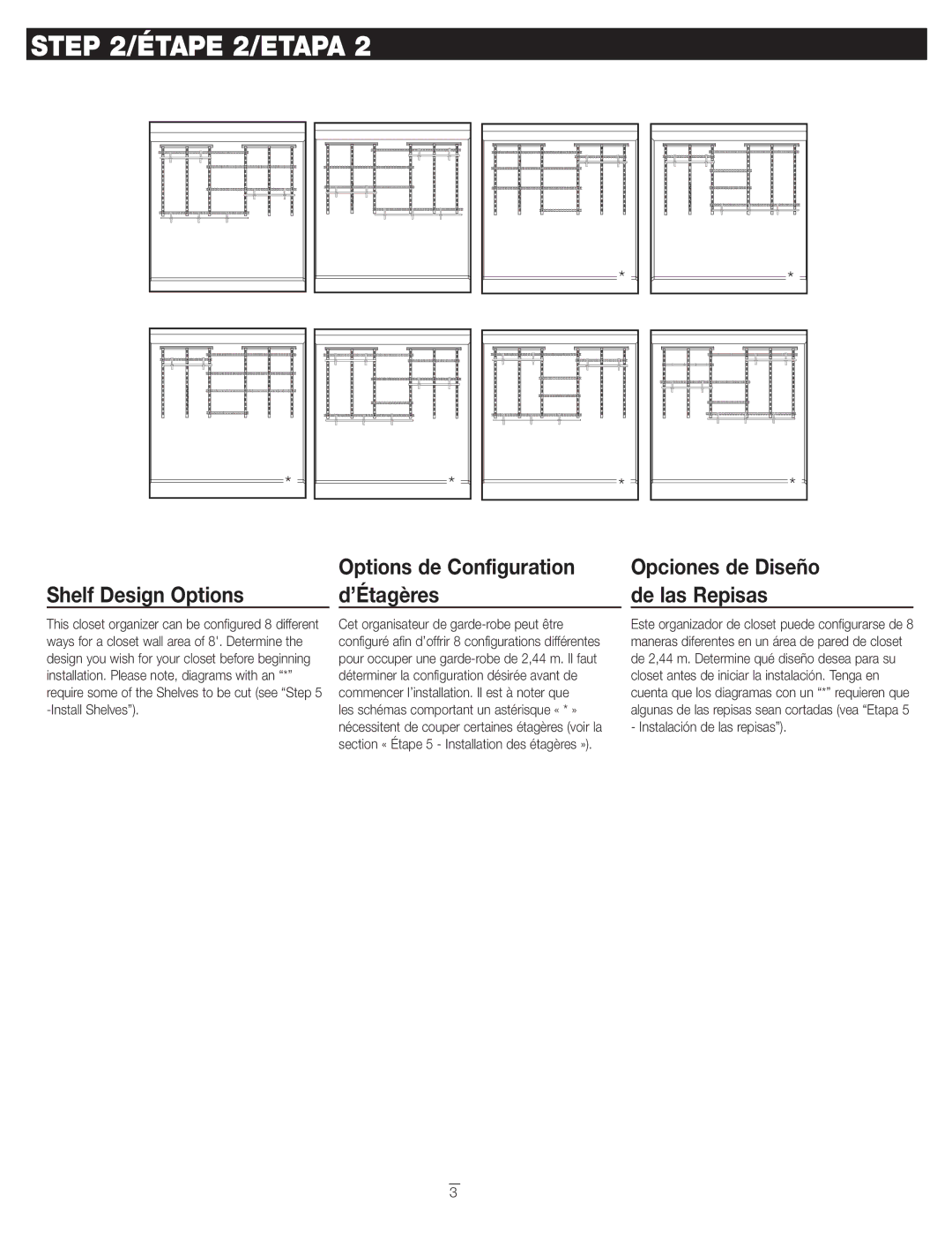 Closet Maid 2890 installation instructions Étape 2/ETAPA, Shelf Design Options, Options de Configuration d’Étagères 