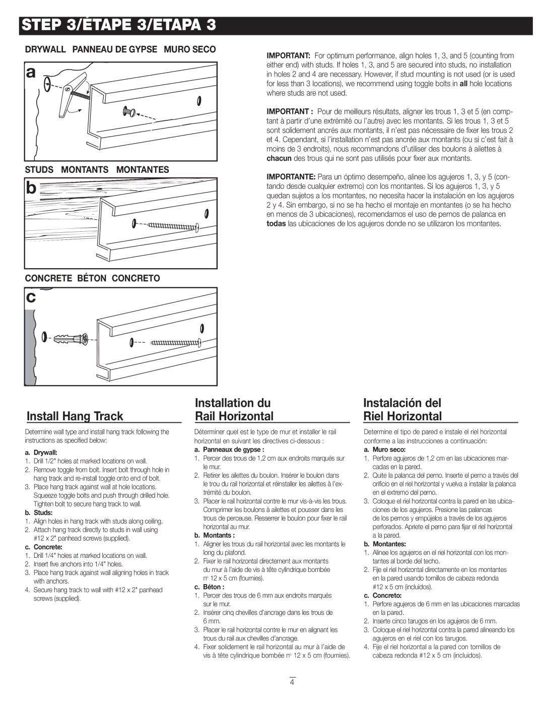 Closet Maid 2890 Étape 3/ETAPA, Install Hang Track, Installation du Rail Horizontal, Instalación del Riel Horizontal 