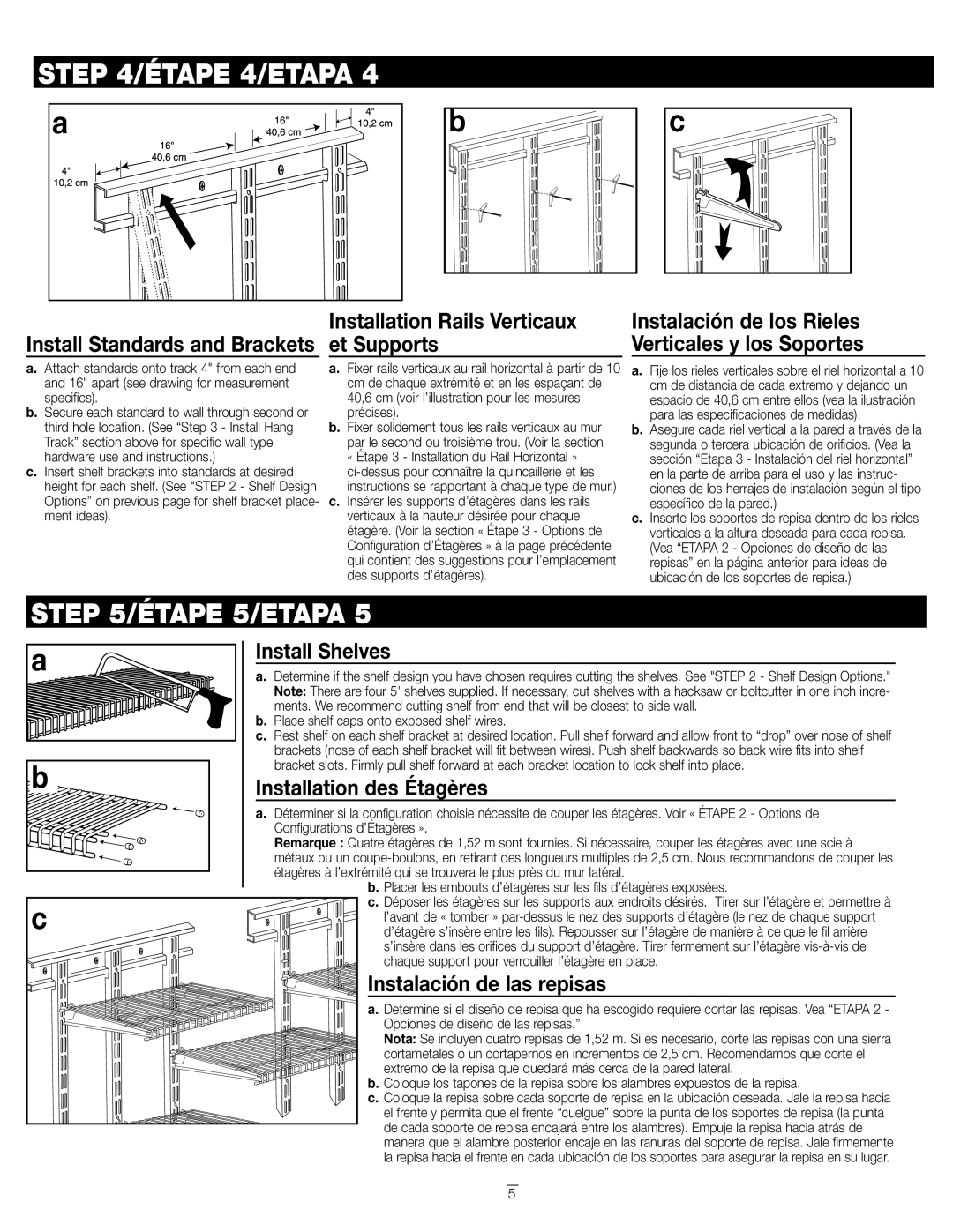 Closet Maid 2890 Étape 4/ETAPA, Étape 5/ETAPA, Install Shelves, Installation des Étagères, Instalación de las repisas 