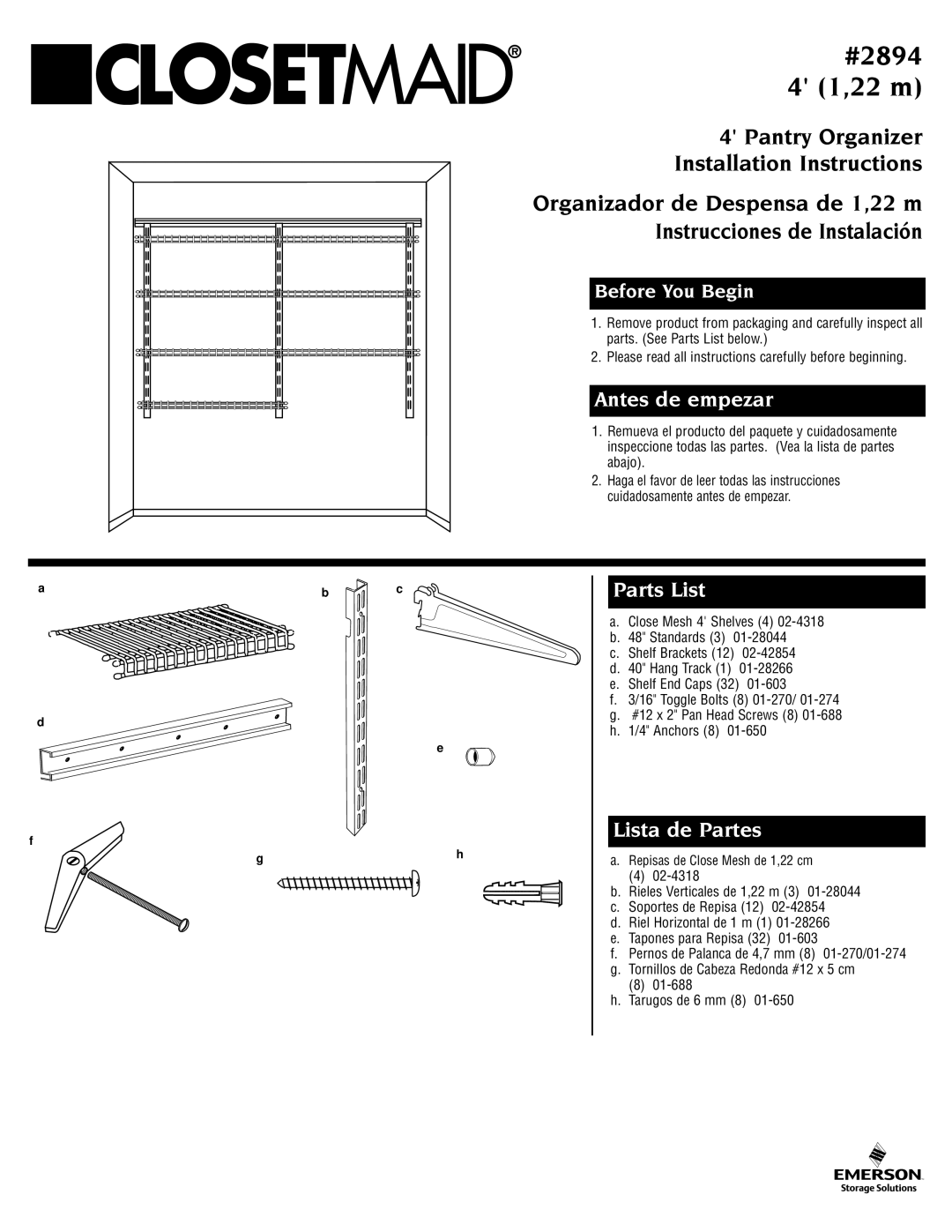 Closet Maid 2894 installation instructions Antes de empezar, Parts List, Lista de Partes 