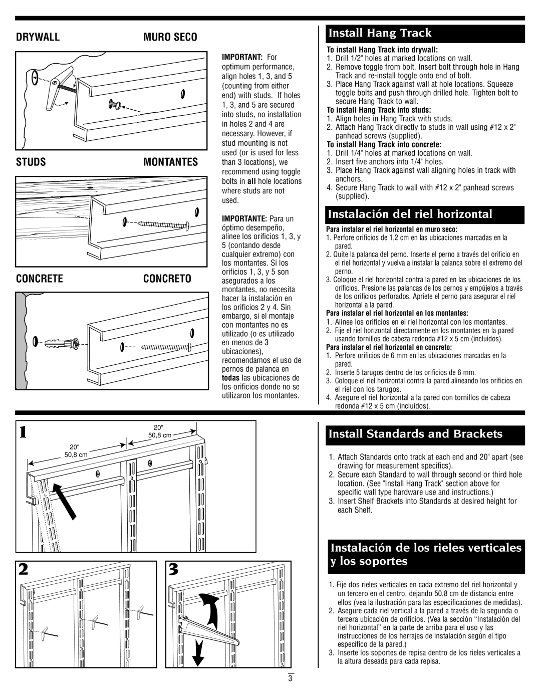 Closet Maid 2894 Install Hang Track, Instalación del riel horizontal, Install Standards and Brackets 