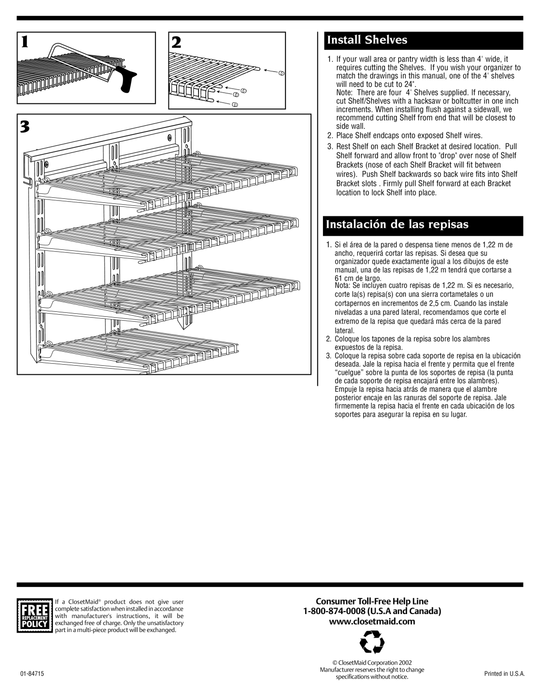 Closet Maid 2894 installation instructions Install Shelves, Instalación de las repisas 