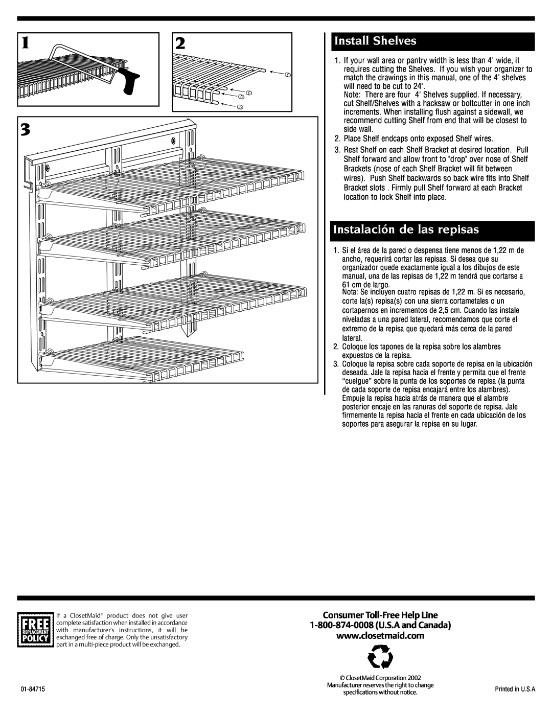 Closet Maid 2894 installation instructions Install Shelves, Instalación de las repisas, Consumer Toll-FreeHelp Line 