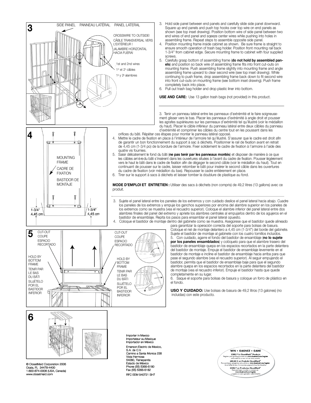 Closet Maid 3024 installation instructions Side Panel Panneau Latéral Panel Lateral 