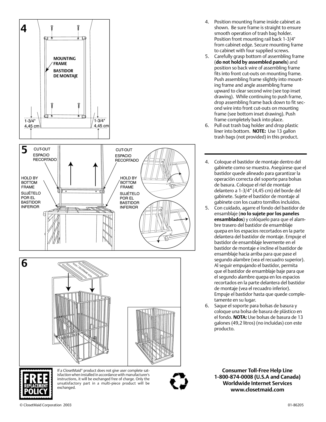 Closet Maid 3025 installation instructions Consumer Toll-Free Help Line Worldwide Internet Services 