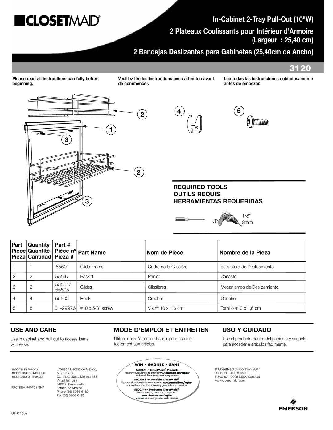 Closet Maid 3120 manual Required Tools, Outils Requis, USE and Care, Mode Demploi ET Entretien USO Y Cuidado 