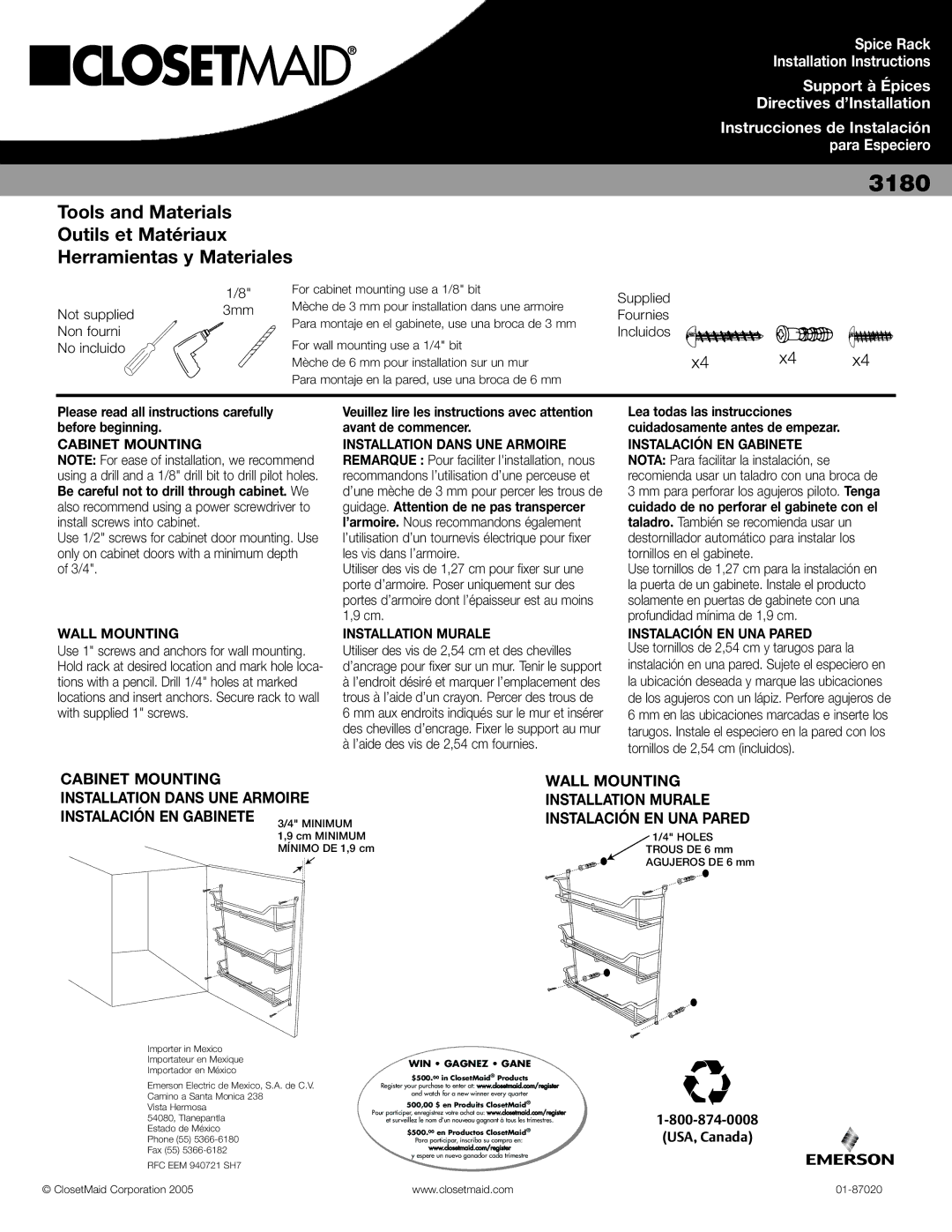 Closet Maid 3168 Cabinet Mounting, Wall Mounting, Installation Murale, Instalación EN UNA Pared, USA, Canada 