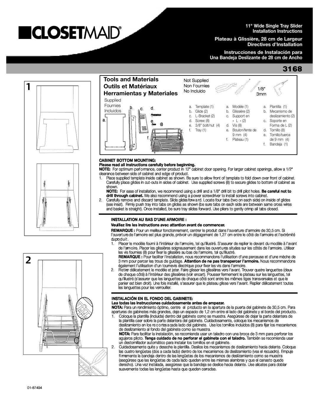 Closet Maid 3168 installation instructions Wide Single Tray Slider, Installation Instructions, Directives d’Installation 