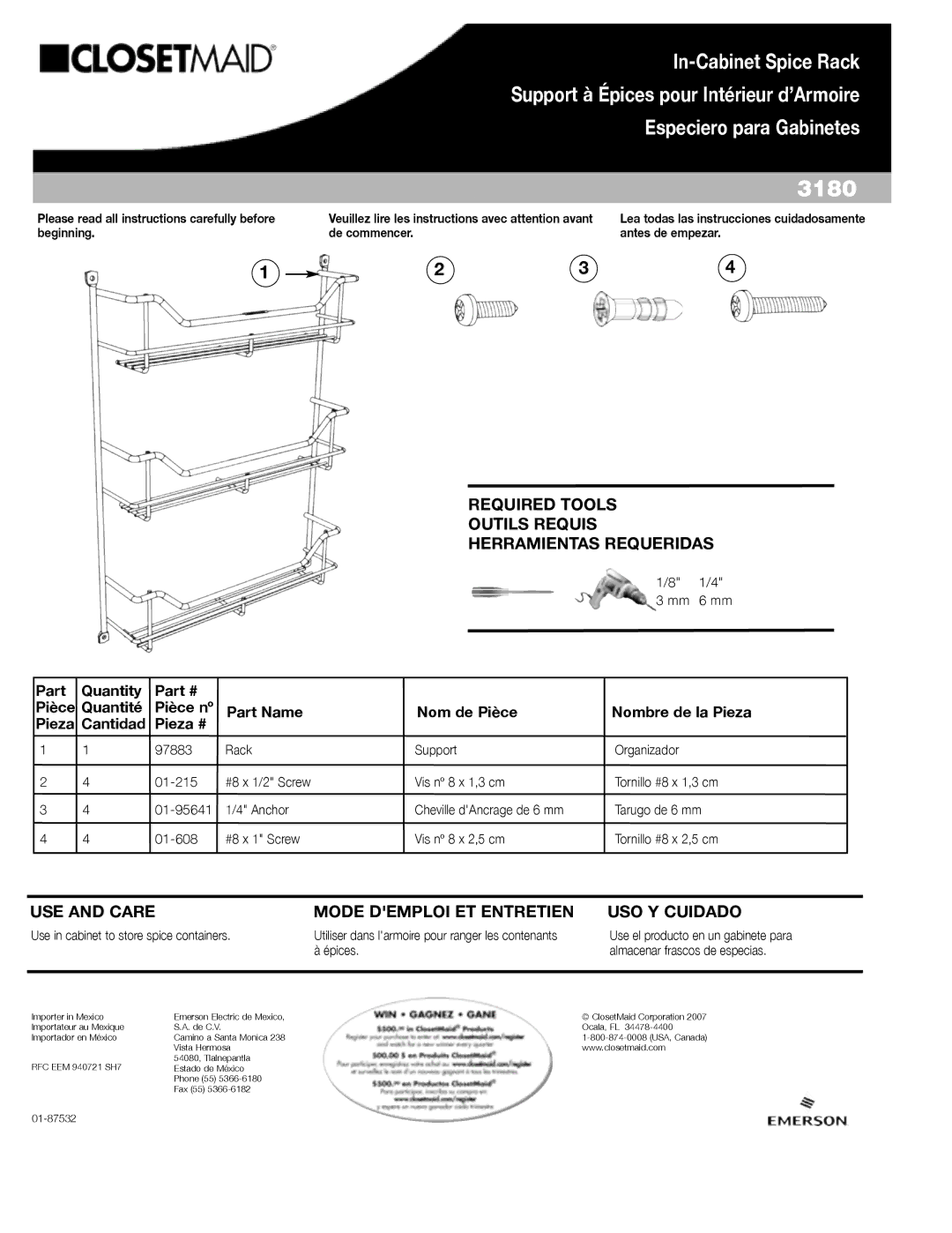 Closet Maid 3180 manual Required Tools Outils Requis Herramientas Requeridas, 01-608 #8 x 1 Screw Vis nº 8 x 2,5 cm 