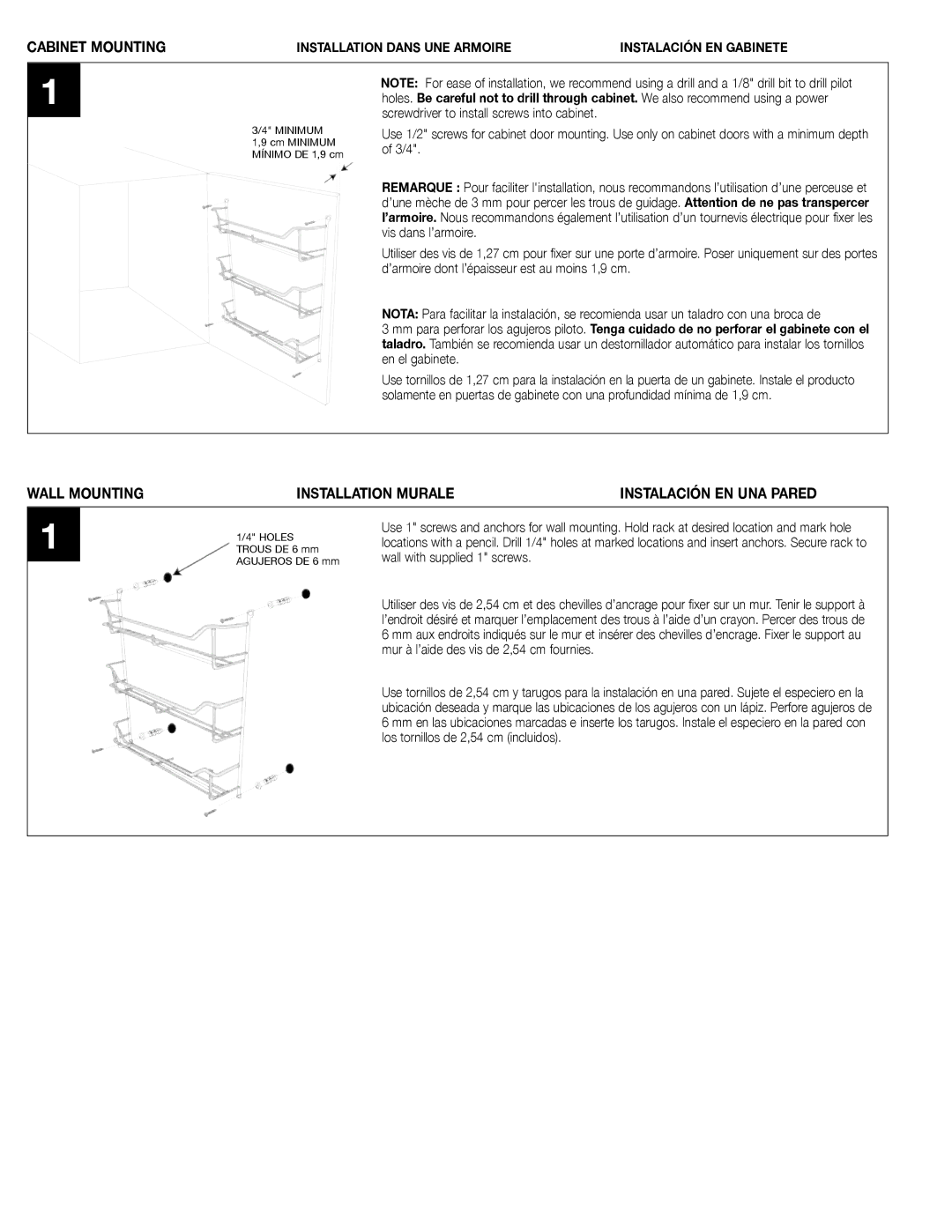 Closet Maid 3180 manual Cabinet Mounting, Wall Mounting Installation Murale Instalación EN UNA Pared 