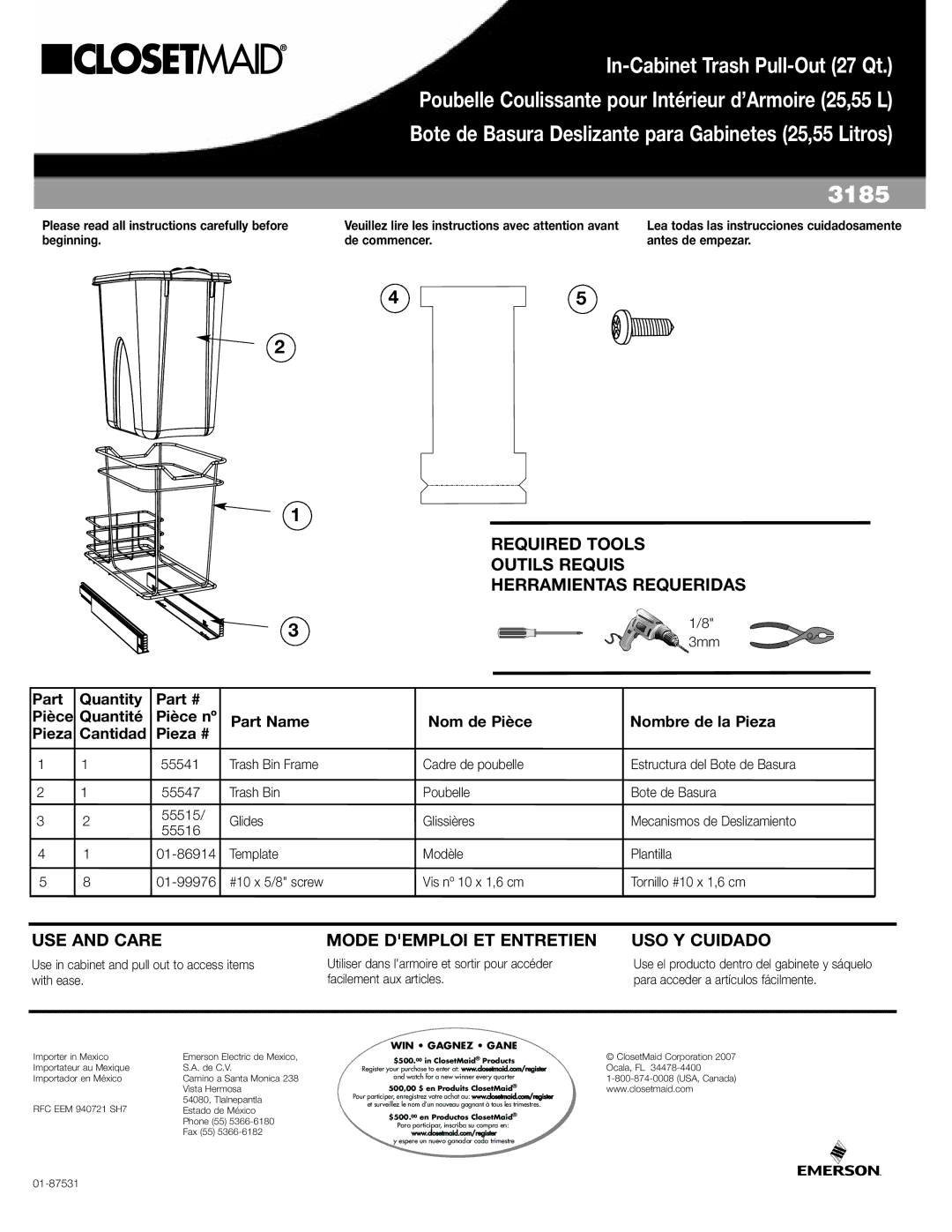 Closet Maid 3185 manual Required Tools Outils Requis Herramientas Requeridas, USE and Care 