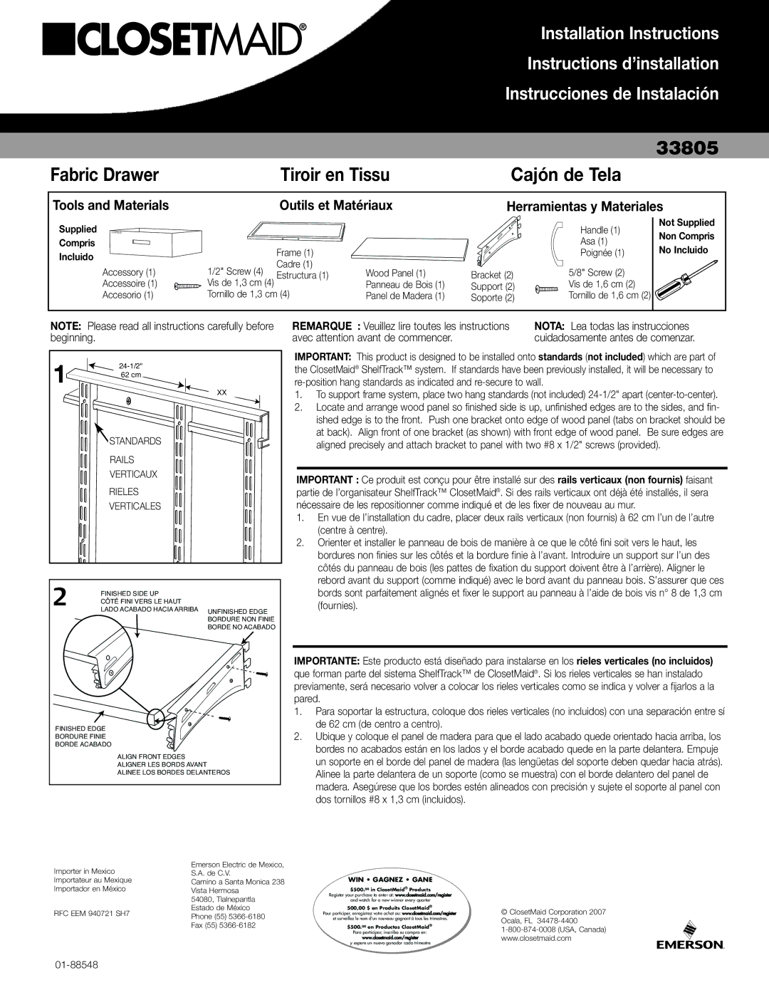 Closet Maid 33805 installation instructions Tools and Materials, Outils et Matériaux, Herramientas y Materiales 