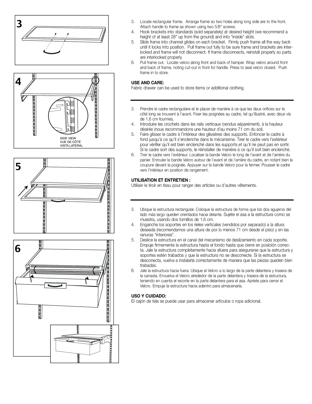 Closet Maid 33805 installation instructions USE and Care, Utilisation ET Entretien, USO Y Cuidado 