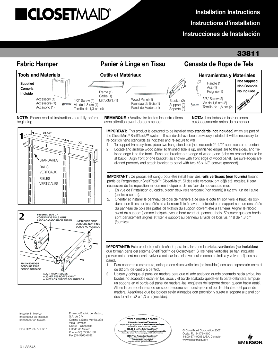 Closet Maid 33811 installation instructions Tools and Materials, Outils et Matériaux, Herramientas y Materiales 