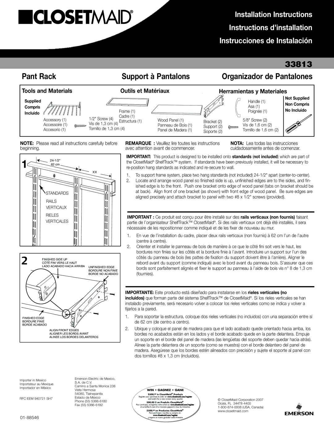 Closet Maid 33813 installation instructions Tools and Materials, Outils et Matériaux, Herramientas y Materiales 