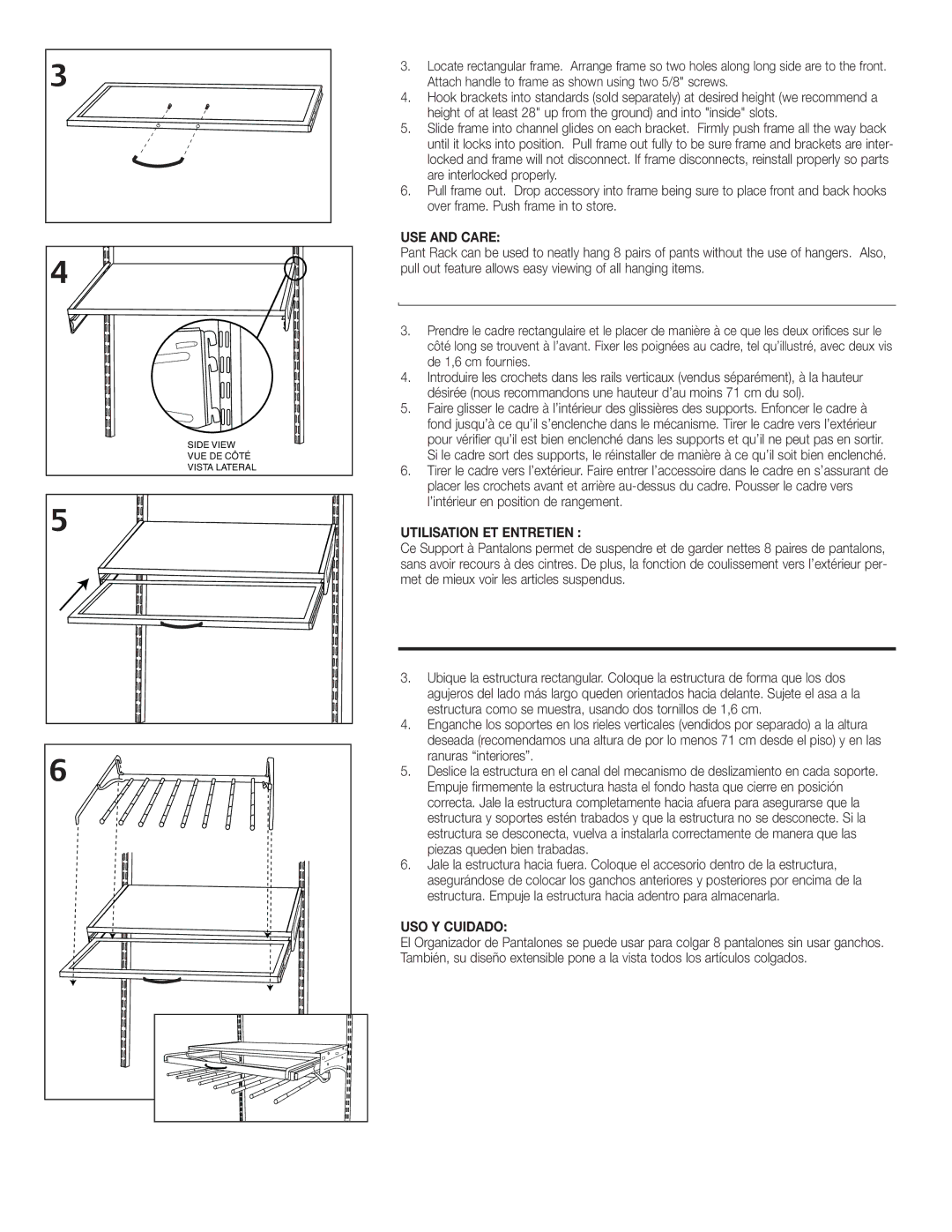 Closet Maid 33813 installation instructions USE and Care, Utilisation ET Entretien, USO Y Cuidado 