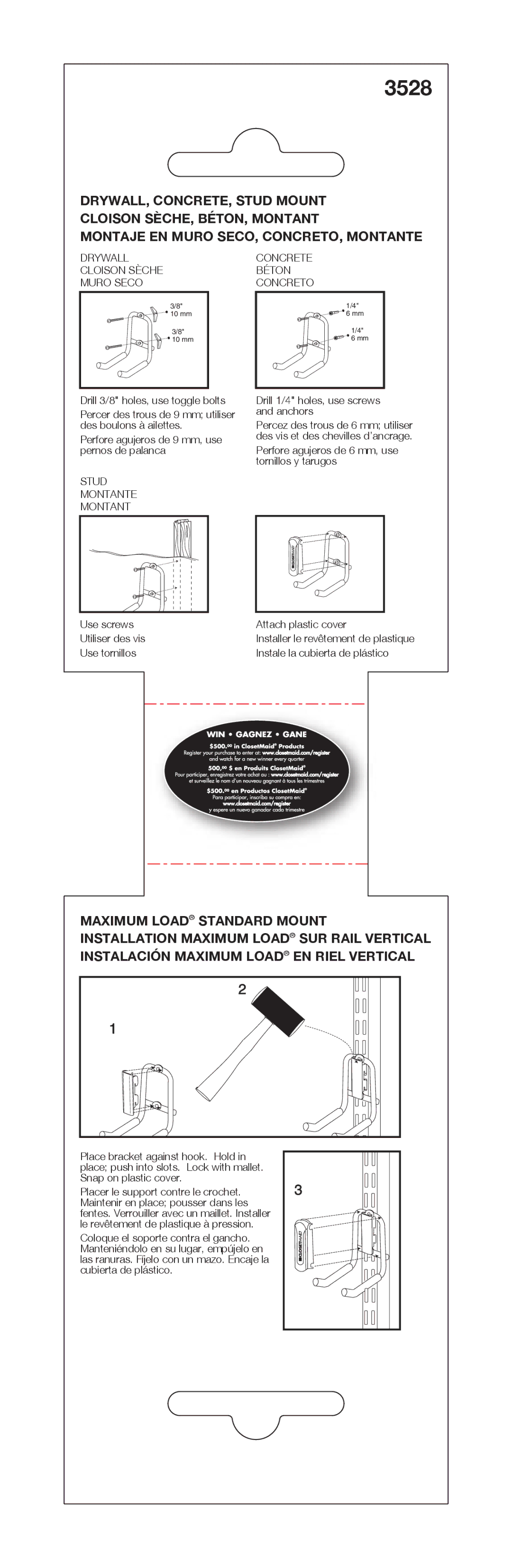 Closet Maid 3528 manual Drywall Cloison Sèche Muro Seco, Concrete Béton Concreto, Stud Montante 