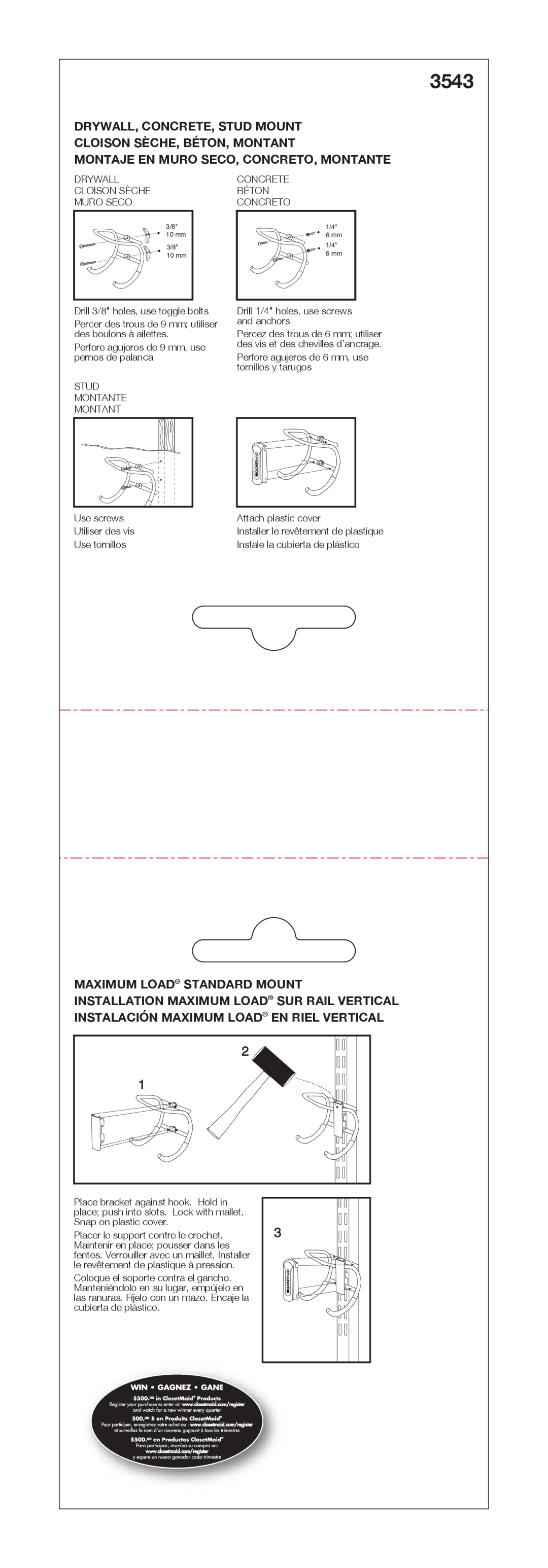 Closet Maid 3543 manual Drywall Cloison Sèche Muro Seco, Concrete Béton Concreto, Stud Montante 