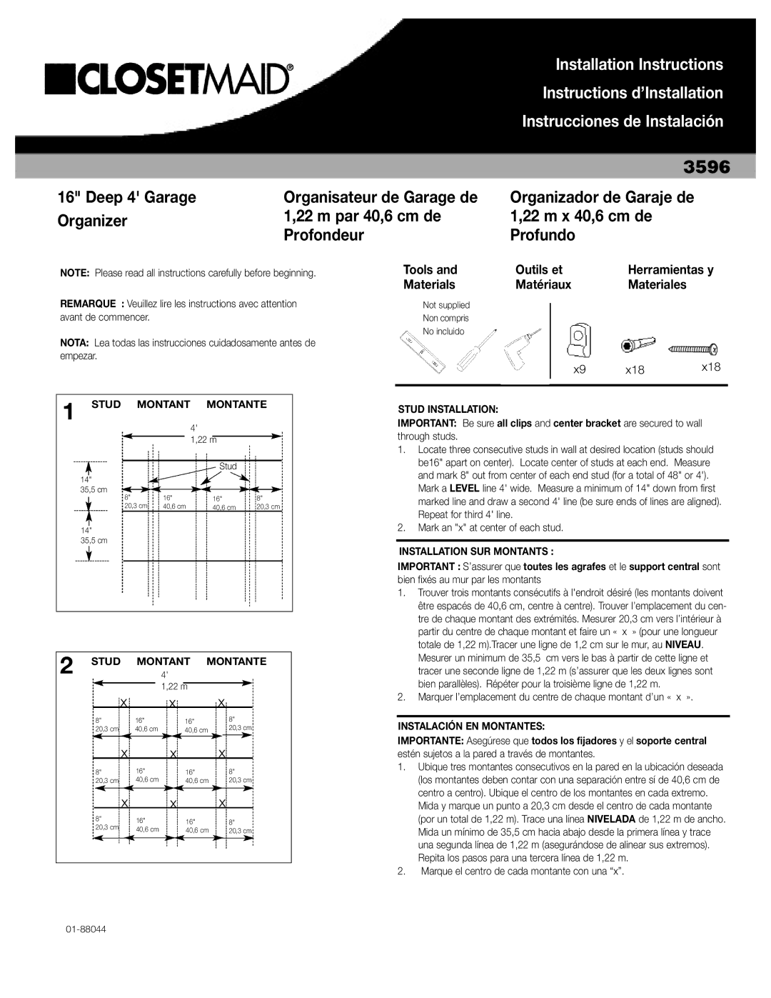 Closet Maid 3596 installation instructions Stud Montant Montante, Stud Installation, Installation SUR Montants 