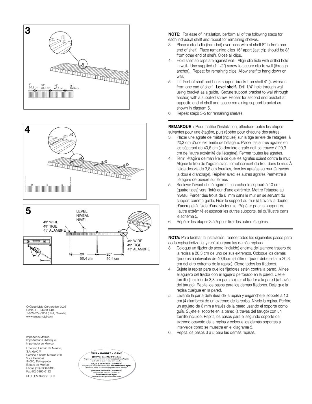 Closet Maid 3596 installation instructions Repita los pasos 3 a 5 para las demás repisas 