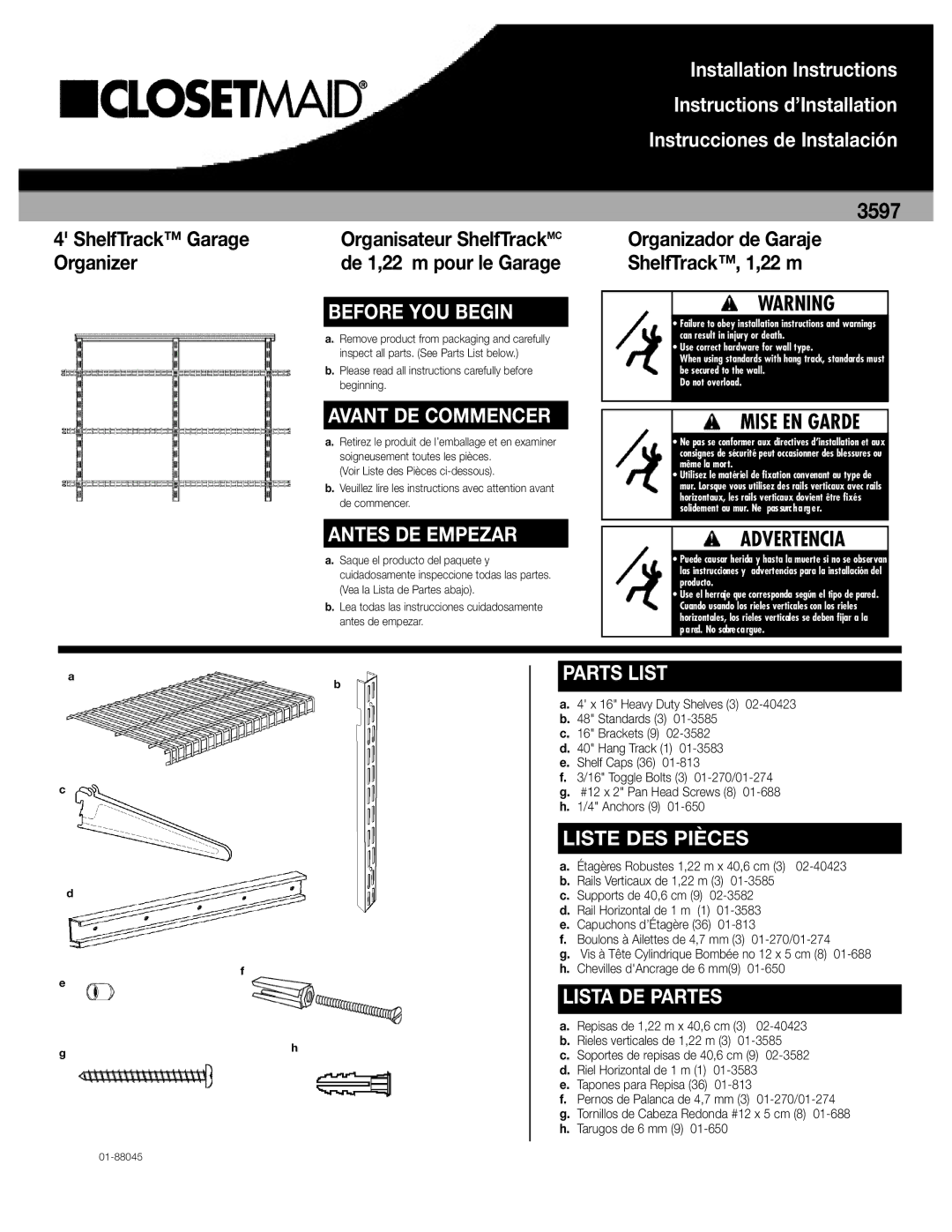 Closet Maid 3597 installation instructions ShelfTrack Garage, Rg a n i z e r, Rganizador de Garaje E l f Track, 1,22 m 