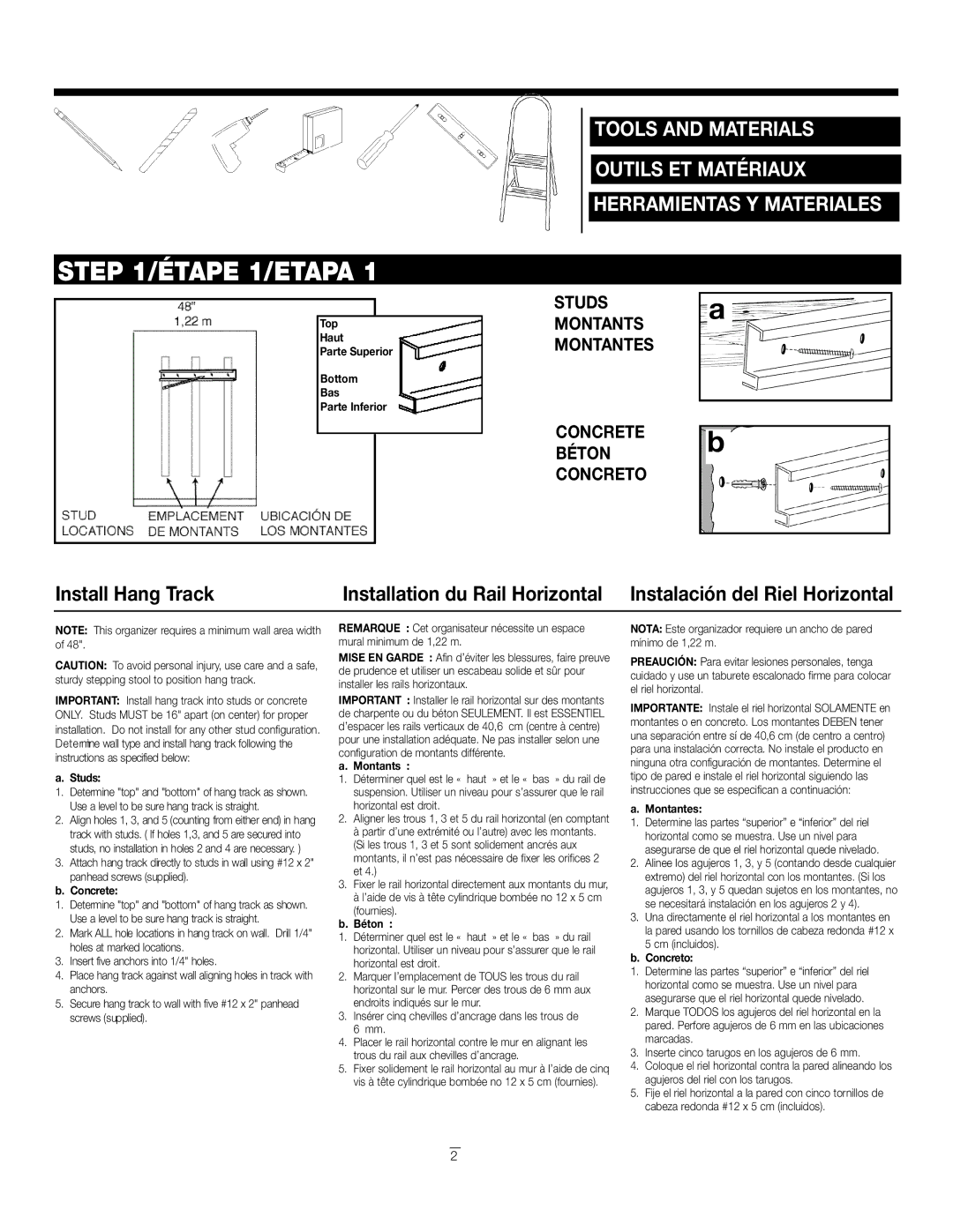 Closet Maid 3597 installation instructions Étape 1/ETAPA, Install Hang Track 