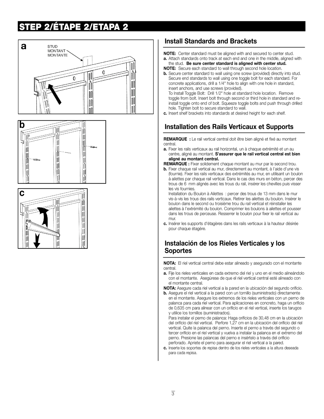 Closet Maid 3597 Étape 2/ETAPA, Install Standards and Brackets, Installation des Rails Verticaux et Supports 