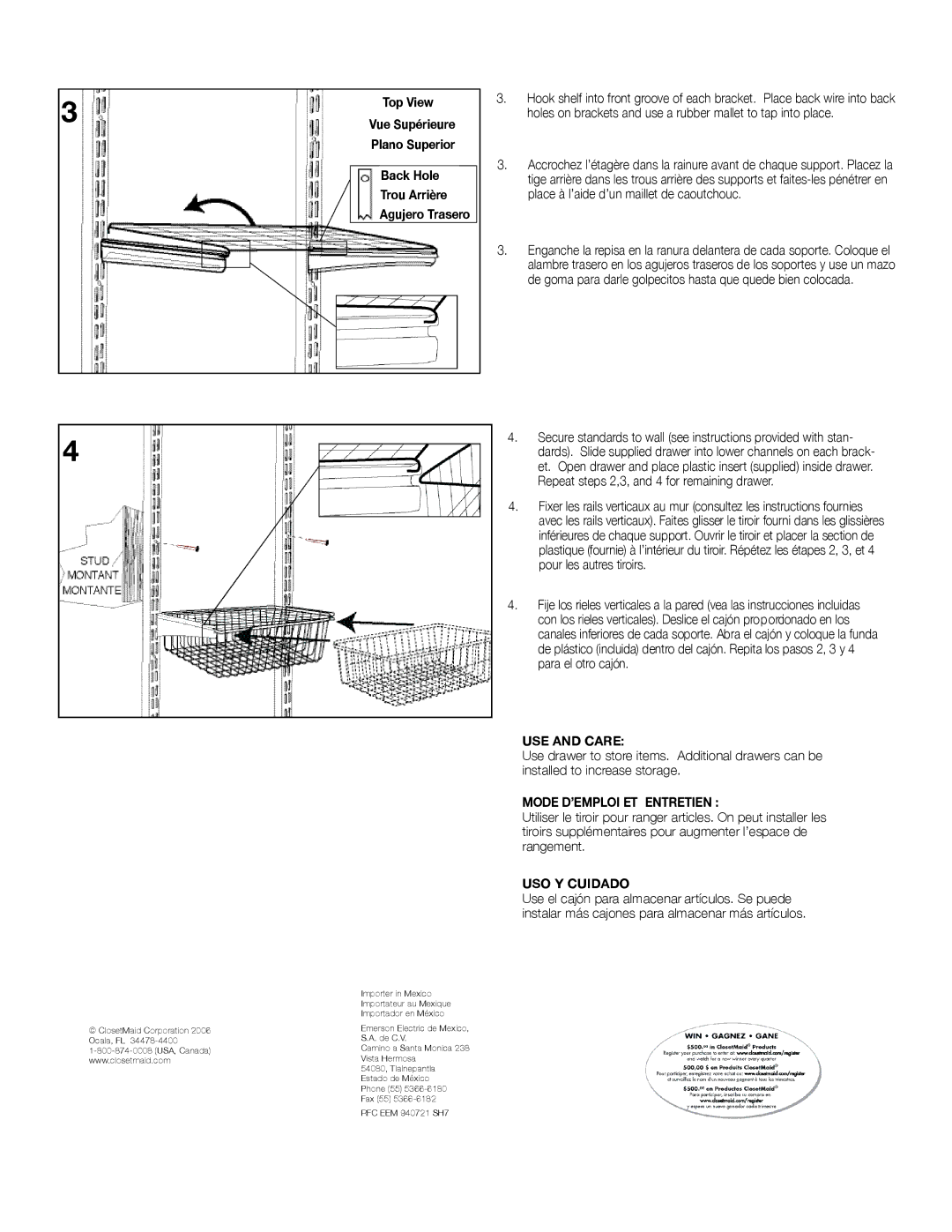 Closet Maid 93775 installation instructions Top View, Back Hole, USE and Care, Mode D’EMPLOI ET Entretien, USO Y Cuidado 