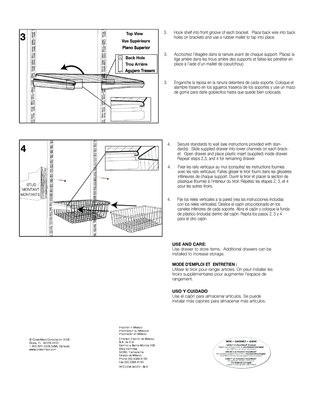 Closet Maid 93775 installation instructions Top View, Back Hole, Use And Care, Mode D’Emploi Et Entretien, Uso Y Cuidado 