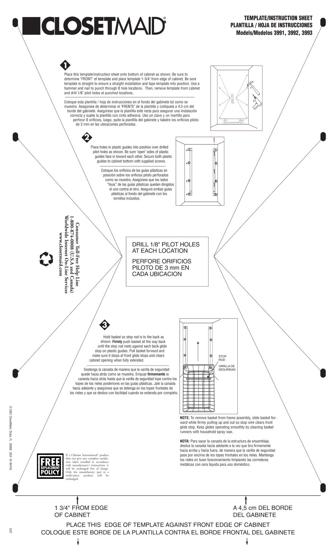 Closet Maid 3991, 3992, 3993 instruction sheet Drill 1/8 Pilot Holes, AT Each Location, Perfore Orificios, Cada Ubicacion 