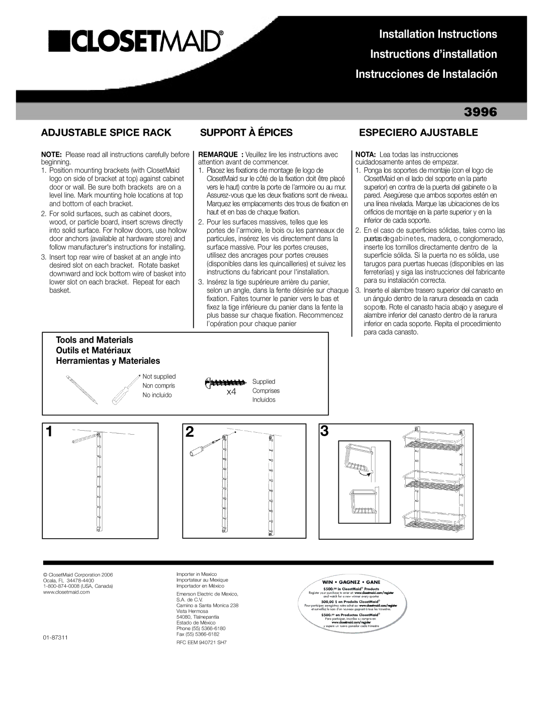 Closet Maid 3996 installation instructions Adjustable Spice Rack P P O RT À Épices Especiero Ajustable, Incluidos 