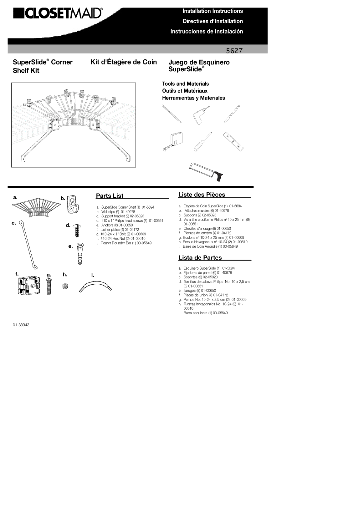 Closet Maid 5627 installation instructions Parts List, Liste des Pièces, Lista de Partes 