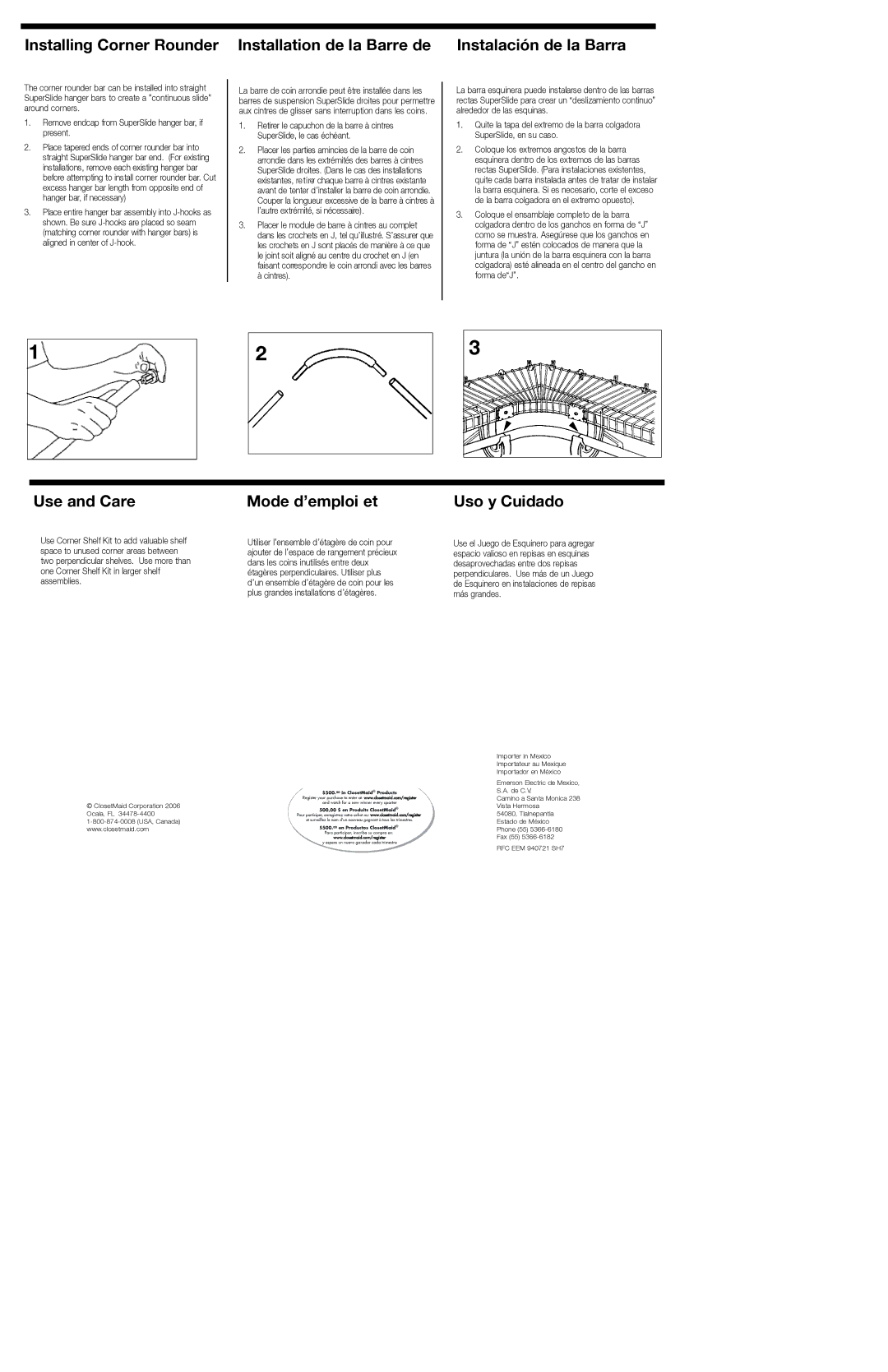 Closet Maid 5627 installation instructions Use and Care, Mode d’emploi et, Uso y Cuidado 