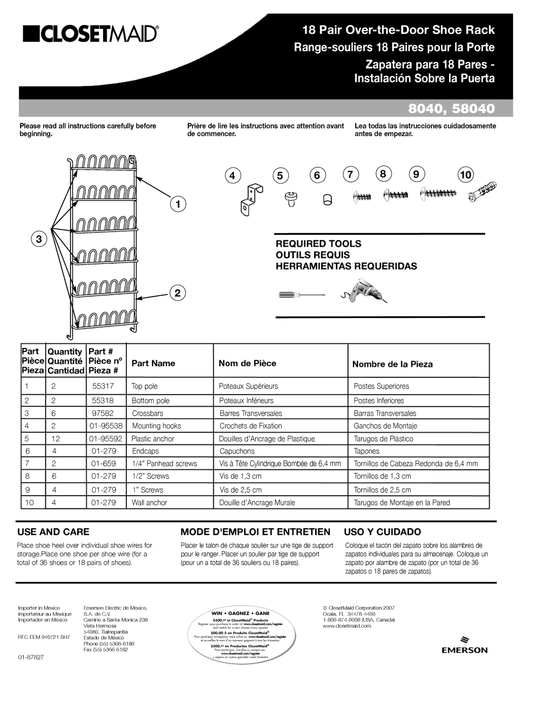 Closet Maid 58040 manual Required Tools, Outils Requis, Herramientas Requeridas, Postes Superiores 