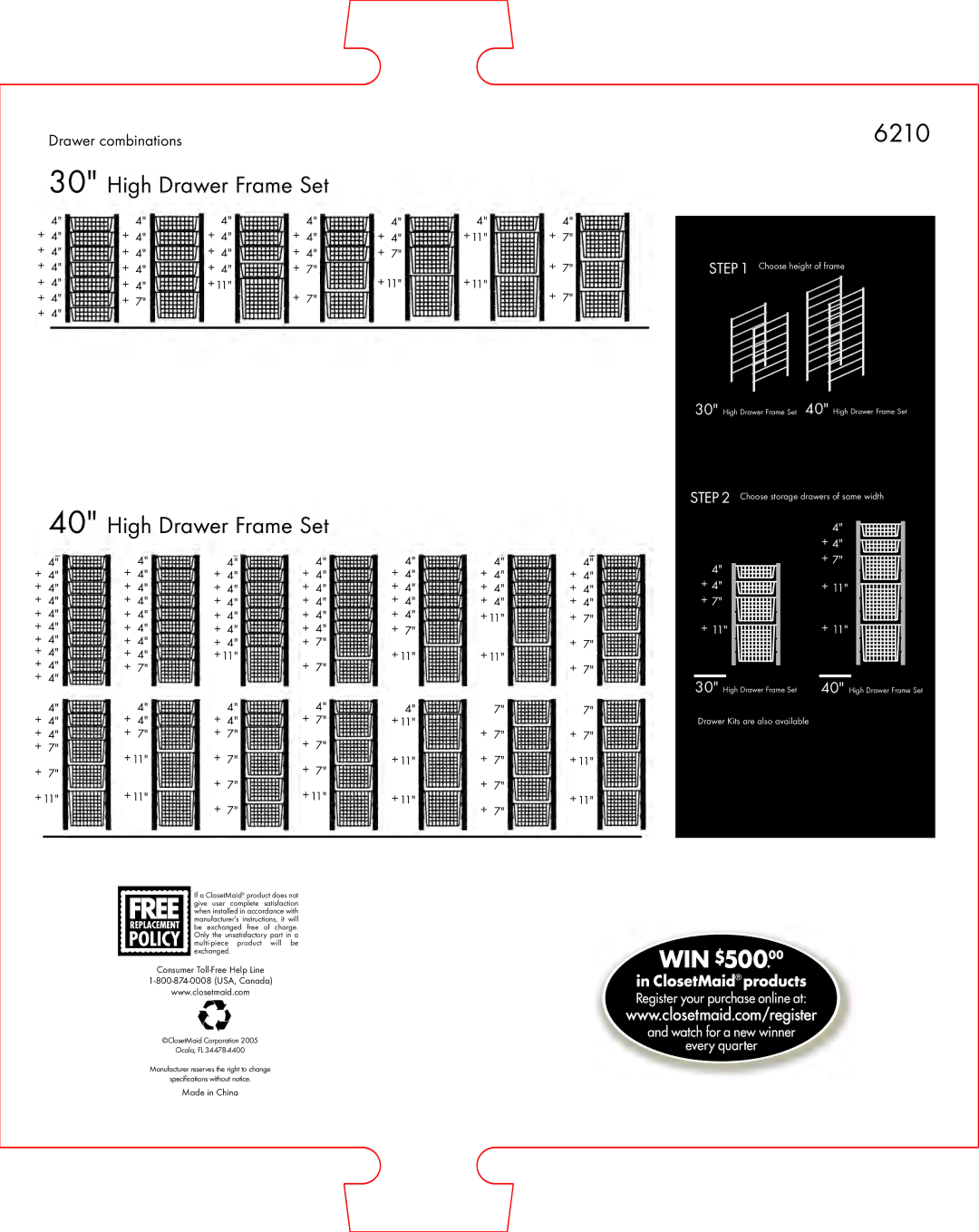 Closet Maid 6210 specifications High Drawer Frame Set, Consumer Toll-Free Help Line, Made in China 