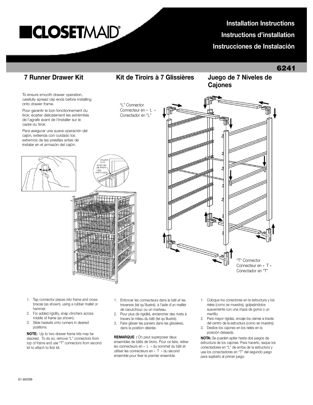 Closet Maid 6241 installation instructions Runner Drawer Kit, Kit de Tiroirs à 7 Glissières, Cajones 