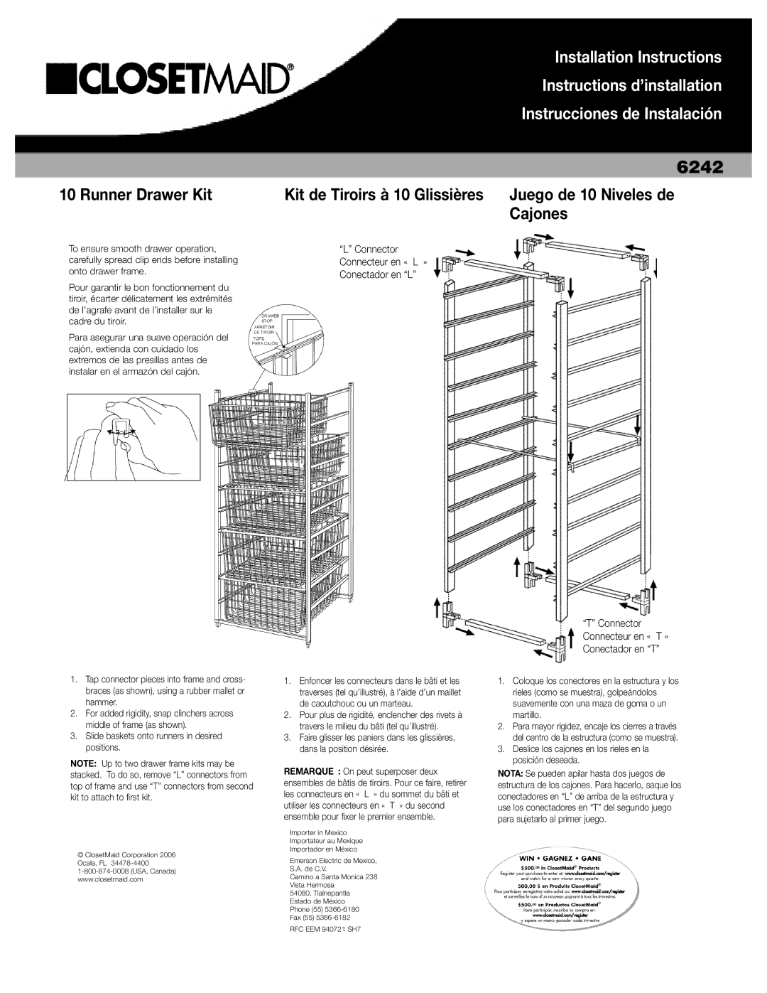 Closet Maid 6241 installation instructions 6242, Connector Connecteur en « T » Conectador en T 