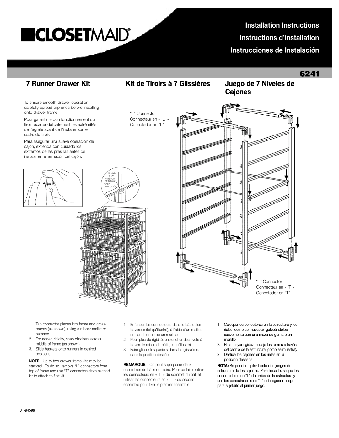 Closet Maid 6241 installation instructions Runner Drawer Kit, Installation Instructions, Instructions d’installation 