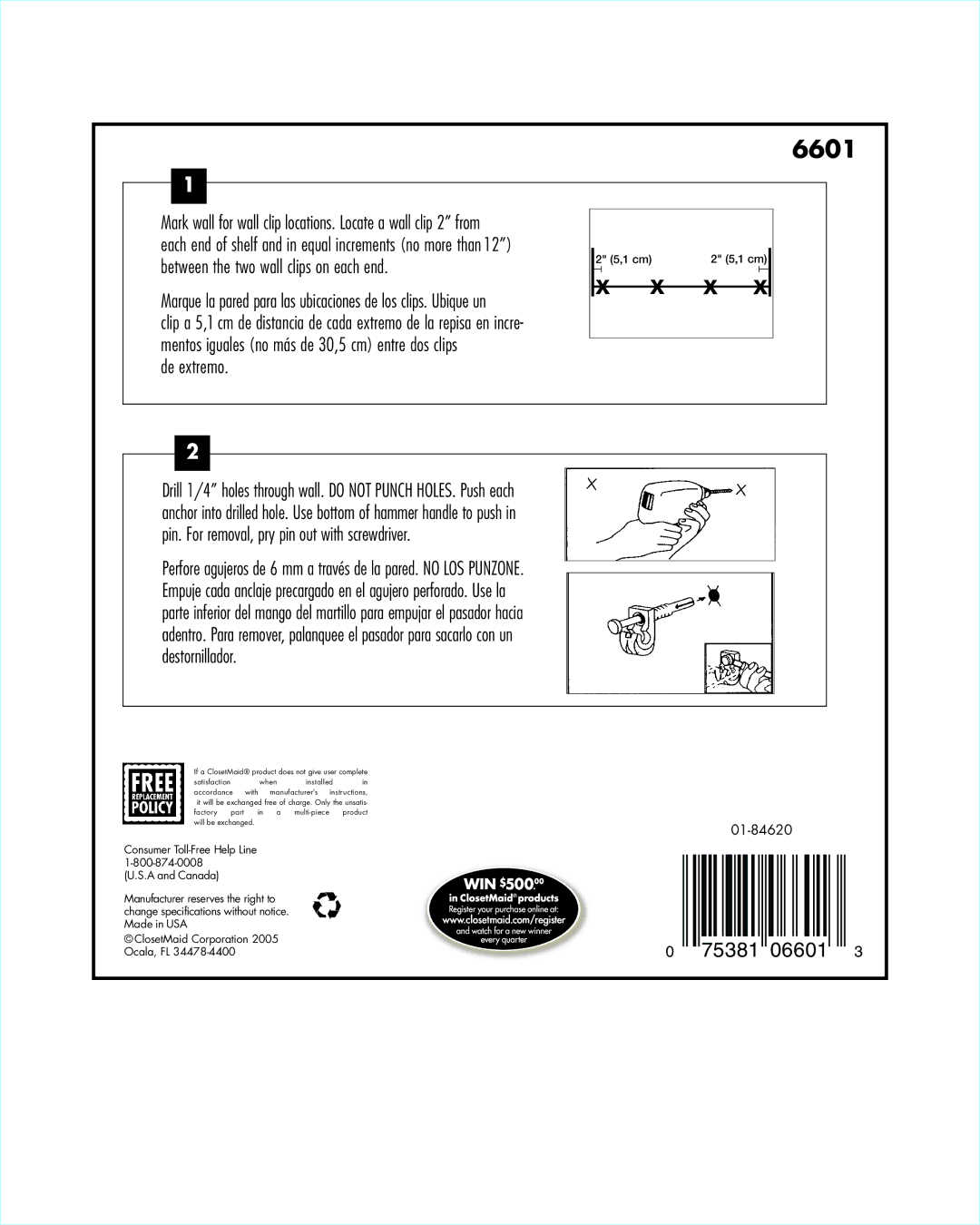 Closet Maid 6601 specifications De extremo 