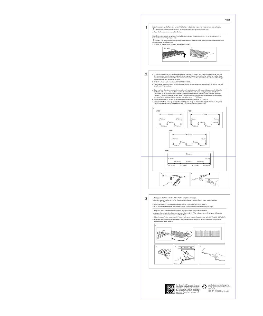 Closet Maid 71031 specifications Policy, #1031, #1041, #1061 